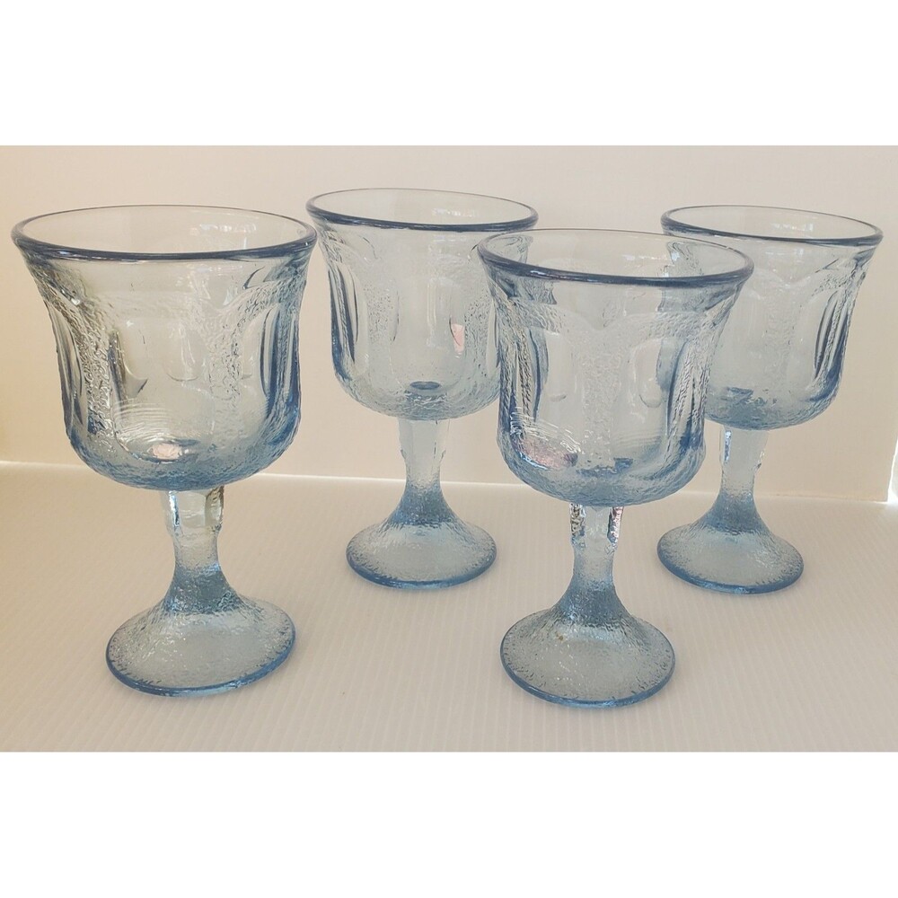 Vintage Fostoria Woodland Soft Blue Water Goblets Stemmed Glass 6" Tall 4pc Set